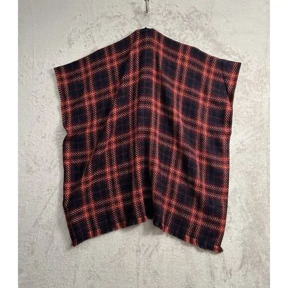 Loft Poncho Wrap Sweater Medium / Large Burgundy Blue Orange Plaid NWOT Bohemian - Picture 2 of 9